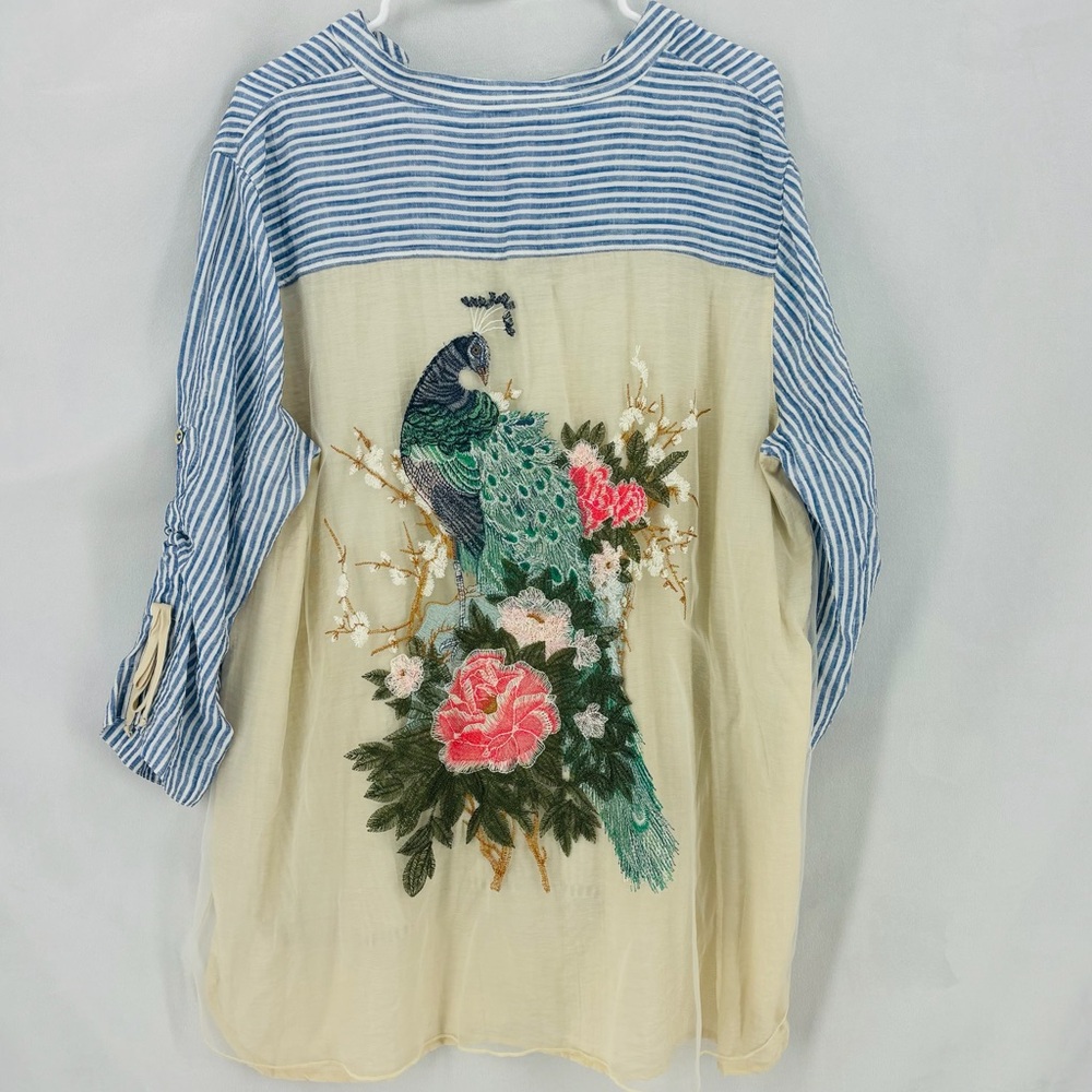 John Mark Women’s XL Blue White Stripes Embroidered Peacock Button Down Top